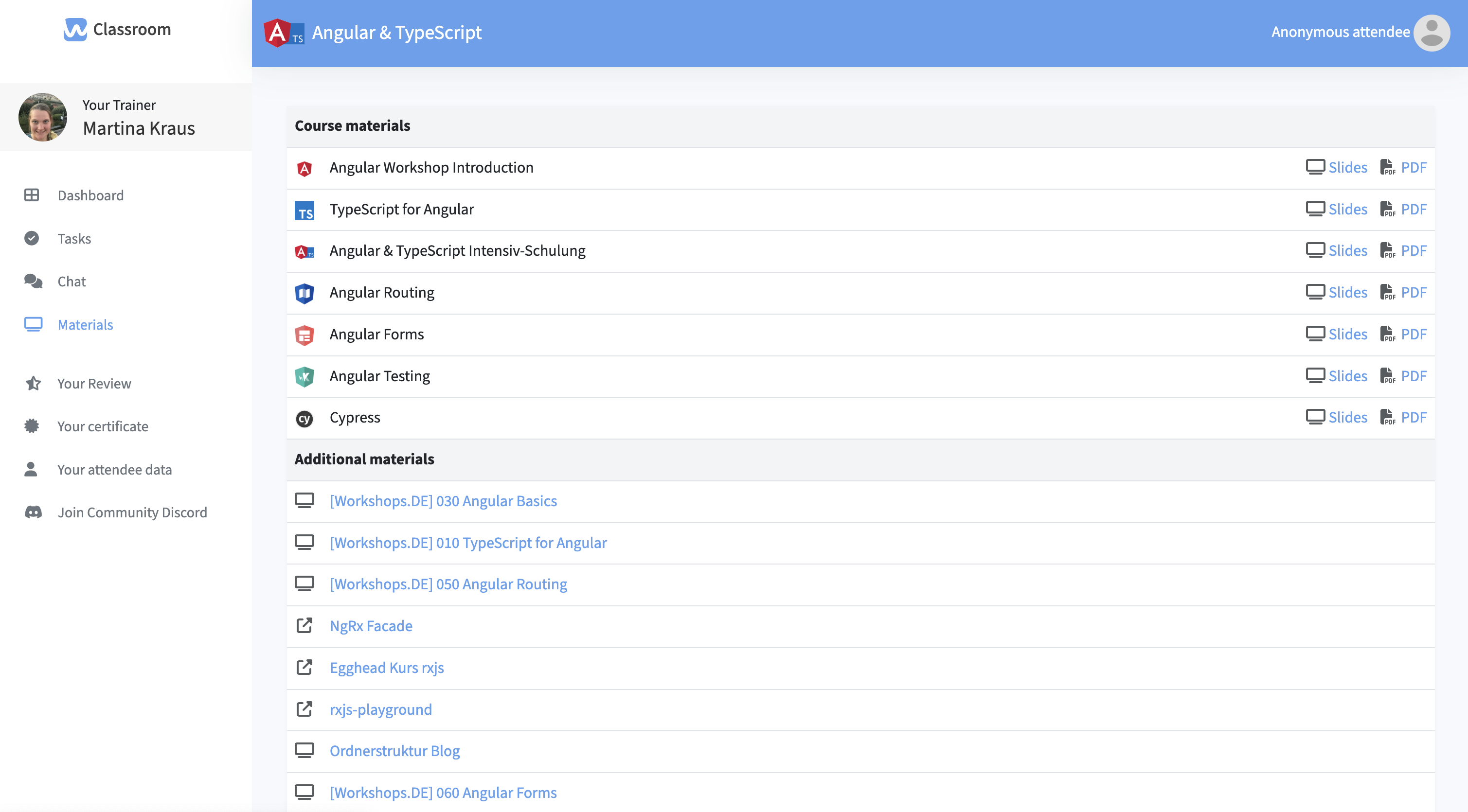 Virtual Classroom - Materialien & Slides